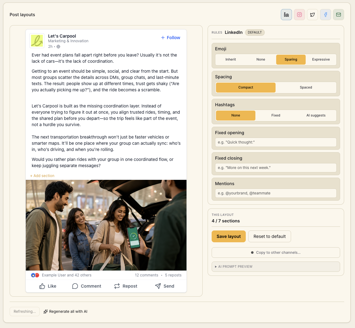 Per-channel post layout rules: emoji, spacing, hashtags, and fixed opening and closing lines for LinkedIn.
