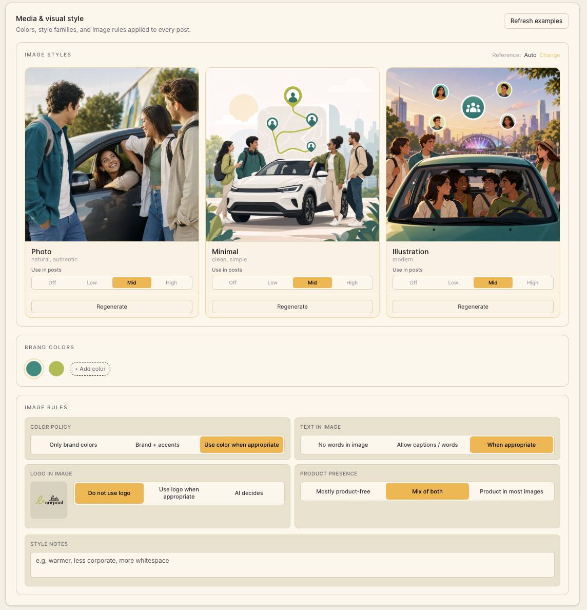 Media and visual style settings: image styles, brand colors, and image rules applied to every post.